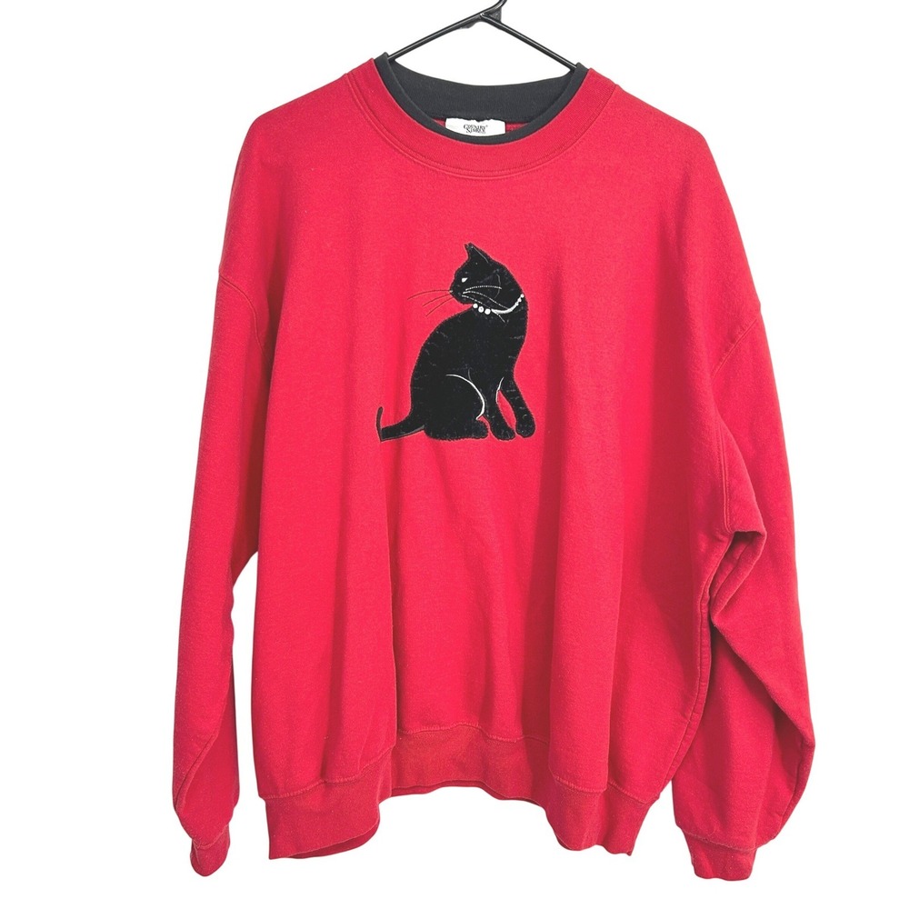 VTG Country Store Black Cat Halloween Sweatshirt Red 3X Cat Mom Whimsigoth Kitch